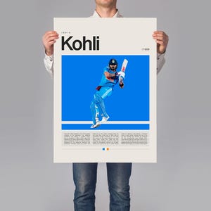 Pu&ograve; includere: Un poster con una fotografia di un giocatore di cricket in azione. Il giocatore indossa una maglia blu e pantaloni bianchi. Il poster ha il testo "INDIA Kohli /1988" stampato su di esso.