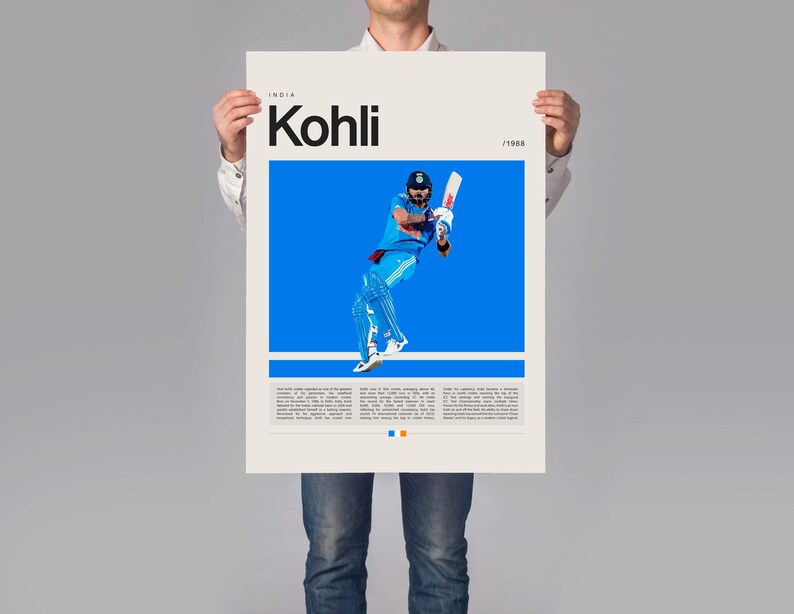 Pu&ograve; includere: Un poster con una fotografia di un giocatore di cricket in azione. Il giocatore indossa una maglia blu e pantaloni bianchi. Il poster ha il testo "INDIA Kohli /1988" stampato su di esso.