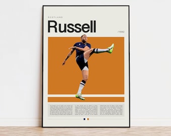 May include: A poster featuring a rugby player in a blue and white uniform kicking a ball. The poster has a white background with the text "Scotland Russell /1992" in black.