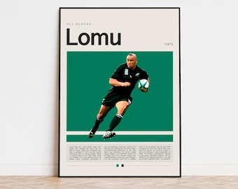 May include: A poster featuring a black and white illustration of a rugby player in a black jersey with a green background. The text "ALL BLACKS LOMU / 1975" is at the top of the poster.