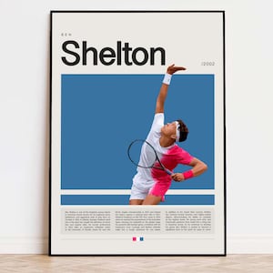 Puede incluir: Un póster con un jugador de tenis en acción, con un fondo azul y el texto "Ben Shelton / 2002".