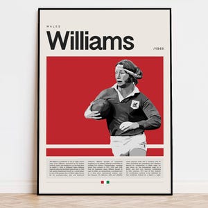 Könnte beinhalten: Eine Schwarzweißillustration eines Rugby-Spielers, der einen Ball hält. Der Hintergrund ist rot mit weißem Text, der "WALES Williams /1949" lautet. In der unteren rechten Ecke befindet sich eine kleine walisische Flagge.