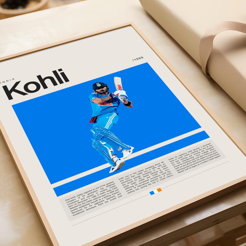 Pu&ograve; includere: Un poster incorniciato con uno sfondo blu che presenta una foto di Virat Kohli, un giocatore di cricket indiano, mentre batte. Il poster include il testo "Kohli" in grandi lettere bianche e "India" in lettere bianche pi&ugrave; piccole. Il poster include anche una breve biografia di Virat Kohli.