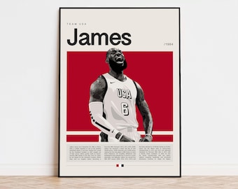LeBron James Poster, NBA Poster, Sports Poster, Mid Century Modern, NBA Fans, Basketball Gift, Sports Bedroom Posters