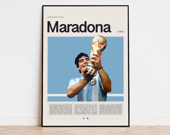 May include: A vintage-style poster featuring a blue and white illustration of Diego Maradona holding up the World Cup trophy. The poster has the text "Argentina" and "Maradona / 1960" in black.
