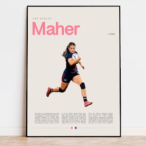 Könnte beinhalten: Ein Poster mit einer Rugby-Spielerin in Aktion, die mit dem Ball rennt. Das Poster trägt den Titel "Maher" mit dem Text "USA Eagles / 1996" oben.