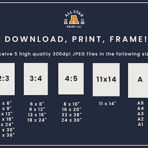 Pu&ograve; includere: Una grafica con il testo "ALL STAR PRINT CO." in un cerchio bianco con una stella dorata e il testo "DOWNLOAD, PRINT, FRAME!" in grandi lettere bianche. La grafica mostra cinque diverse dimensioni di immagini stampabili: 2:3, 3:4, 4:5, 11x14 e dimensioni A. L'immagine mostra le dimensioni di ogni dimensione in pollici.