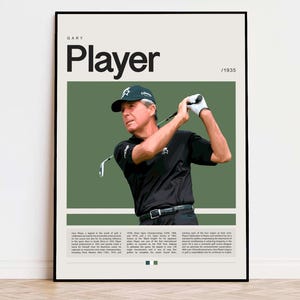 May include: A black and white poster with a photo of a golfer swinging a club. The poster has the text "Gary Player / 1935" and a short biography of the golfer.