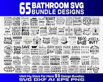 Pode incluir: Um pacote de design digital com 65 designs SVG com tema de casa de banho. Os designs incluem citações e frases humorísticas, como "Wash Your Hands" e "Nice Butt", numa variedade de fontes e estilos. A imagem tem um esquema de cores azul e branco.