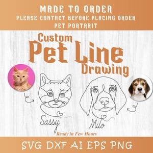 Puede incluir: Ilustración de dibujo de línea de mascota personalizada con un gato y un perro. El gato se llama Sassy y el perro se llama Milo. La ilustración está lista en unas pocas horas. Los formatos de archivo SVG, DXF, AI, EPS y PNG están disponibles.