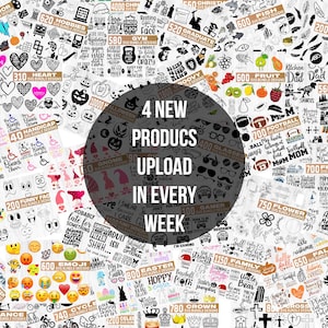 K&ouml;nnte beinhalten: Eine Collage verschiedener digitaler Designelemente, darunter Herzen, Emojis und Grafiken zum Thema Feiertage. Das Bild enth&auml;lt den Text "4 New Products Upload in Every Week."