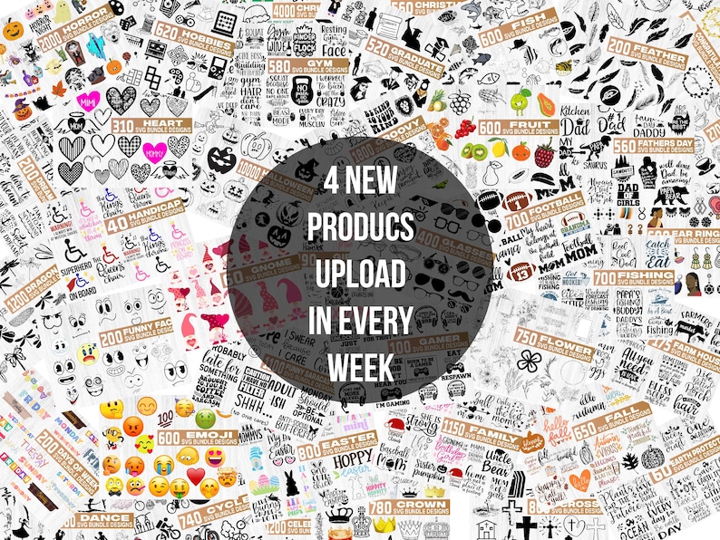 K&ouml;nnte beinhalten: Eine Collage verschiedener digitaler Designelemente, darunter Herzen, Emojis und Grafiken zum Thema Feiertage. Das Bild enth&auml;lt den Text "4 New Products Upload in Every Week."