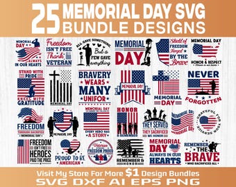 Memorial Day SVG Bundle, 25 Patriotic Design, Military Tribute Cut File, USA Flag SVG, Veteran, Cricut & Silhouette, American Pride, Freedom