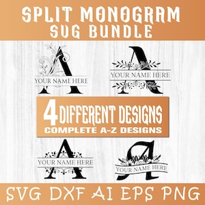 Paquete SVG de monograma dividido, letras de la A a la Z, 4 diseños elegantes, alfabeto floral y ornamental, descarga digital, archivos de corte de Cricut y Silhouette
