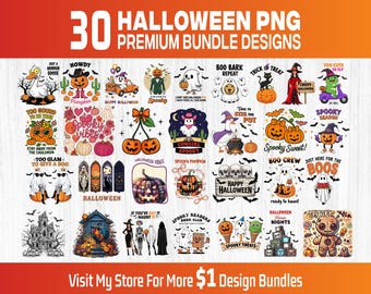 Halloween PNG Bundle 30 Designs, Spooky Witch Pumpkin Ghost Skull Clipart, Sublimation Digital Download, Cricut Silhouette