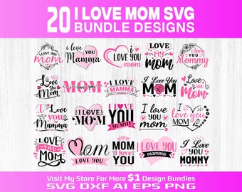 Paquete SVG "Amo a mamá", 20 archivos de corte para el Día de la Madre, frases de mamá en SVG, diseños florales y de corazones, Cricut y Silhouette, mamá en SVG, momia en SVG, vector