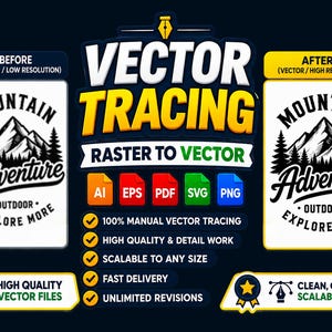 Könnte beinhalten: Eine Werbegrafik für einen Vektorisierungsdienst mit dem Text VECTOR TRACING RASTER TO VECTOR. Sie zeigt ein Bergabenteuer-Logo vor und nach der Umwandlung sowie Dateiformat-Symbole für AI, EPS, PDF, SVG und PNG auf einem dunklen Hintergrund.