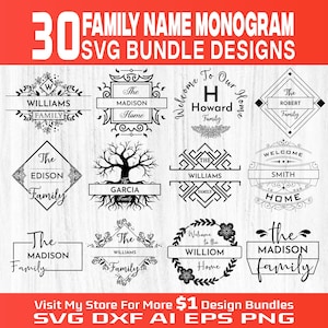 Family Name Monogram SVG Bundle, 30 Customizable Last Name Signs, Wedding Gift, Cricut & Silhouette Cut File, Personalized Home Decor, Split