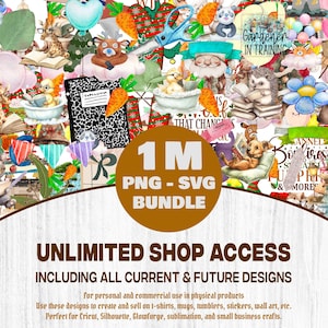 May include: A digital art bundle featuring numerous whimsical illustrations, including animals, books, and floral elements. The image displays the text "1M PNG-SVG BUNDLE" and "UNLIMITED SHOP ACCESS". Ideal for creating t-shirts, stickers, and wall art.