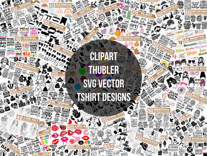 K&ouml;nnte beinhalten: Eine Sammlung digitaler Cliparts und SVG-Vektordesigns f&uuml;r T-Shirts. Das Bild zeigt verschiedene Themenpakete, darunter Zitate, Regenbogen, Schule, Schwangerschaft und mehr. Die Designs sind in Schwarzwei&szlig; gehalten.
