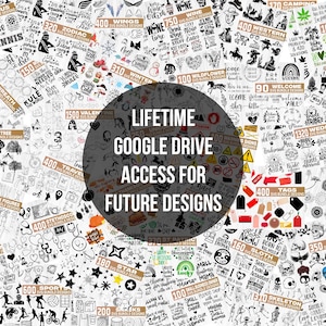 K&ouml;nnte beinhalten: Eine Sammlung verschiedener SVG-Designs, darunter Illustrationen, Text und Grafiken. Das Bild zeigt eine zentrale kreisf&ouml;rmige Grafik mit dem Text "LIFETIME GOOGLE DRIVE ACCESS FOR FUTURE DESIGNS". Die Designs decken verschiedene Themen ab.