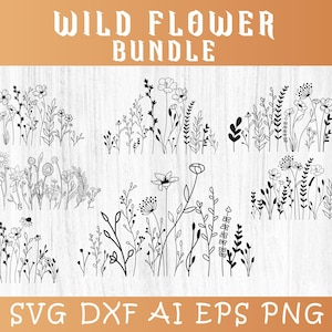 Pakiet Wildflower SVG, projekty sztuki linii kwiatowych, pakiet SVG, cliparty Wild Flowers dla Circut, sylwetki, projekty DIY i rzemiosła