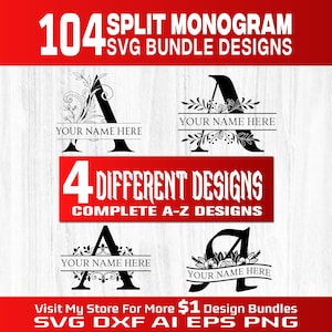 Split Monogram SVG Bundle, A-Z Letters, 4 Elegant Designs, Floral & Ornamental Alphabet, Digital Download, Cricut and Silhouette Cut Files