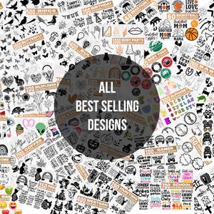 K&ouml;nnte beinhalten: Eine Sammlung digitaler Designelemente, darunter Illustrationen von Tieren, Blumen und Textgrafiken. Das Bild zeigt den Text "ALL BEST SELLING DESIGNS" in einem kreisf&ouml;rmigen Design mit verschiedenen Themen wie "BIRDS", "BIRTHDAY" und "WELCOME".