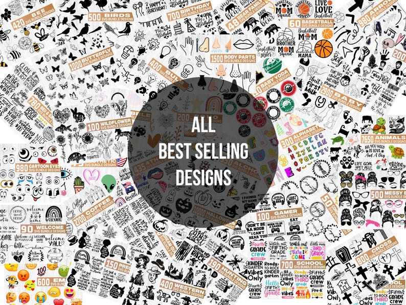 K&ouml;nnte beinhalten: Eine Sammlung digitaler Designelemente, darunter Illustrationen von Tieren, Blumen und Textgrafiken. Das Bild zeigt den Text "ALL BEST SELLING DESIGNS" in einem kreisf&ouml;rmigen Design mit verschiedenen Themen wie "BIRDS", "BIRTHDAY" und "WELCOME".