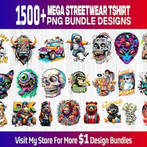 Diseños PNG de camisetas de streetwear, más de 1500 diseños, estilo urbano, gráficos geniales, paquete de diseños de camisetas, arte hip hop, ilustraciones llamativas, imprimibles