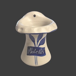 Vintage Salt-Glazed Stoneware Wall Pocket Match Holder-Tulip Shape-Cobalt Blue Leaf-Williamsburg Pottery Factory-Virginia Folk Art- 1998