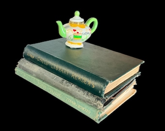 Unique Vintage & Antique Green/Gray Book Stack-Set of 3-1946 1923 1889 Shabby Chic-Cottagecore-Farmhouse Rustic-Bookshelf Decor-Staging Book