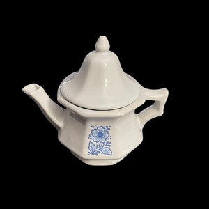 Vintage 1970&#39;s Octagon Blue Floral & White Ironstone Like Teapot with Lid - Farmhouse Rustic - Cottage Core - Kitchen Decor - Avon