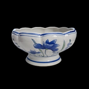 Vintage Ceramic Pedestal Indoor Planter-Hand Decorated Blue & Green Floral Design on White- Scalloped Design-AAA Imports Decoware-1980's