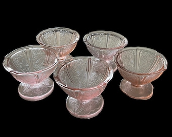 Vintage Set of Five Pink Depression Sherbet Ice Cream  Cups - Pedestal Base - Cherry Blossom Design -1930's - Jeannette Glass Company