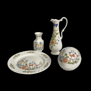 Aynsley Cottage Garden Bone China Made in England-Set of 4 Portrayal of the Flora-Egg Trinket Box-Bread & Butter Plate-Bud Vases-Shabby Chic