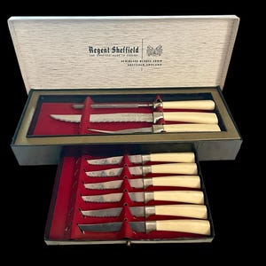 Vintage Regent Sheffield 9 Piece Cutlery Set-Steak Knives Carving Set-Original Chest Pullout Drawer-Stainless Steel/Bakelite Material-1970&#39;s
