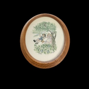 Vintage Framed Crewel Embroidery Boy & Girl Swinging in the Trees-Handmade by 93 yr old woman in 1993-Baby Nursery - Child&#39;s Room Decor