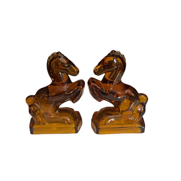 Vintage Art Glass Amber Glass Rearing Horse Bookends - L. E. Smith - Mid Century Modern - 1940's
