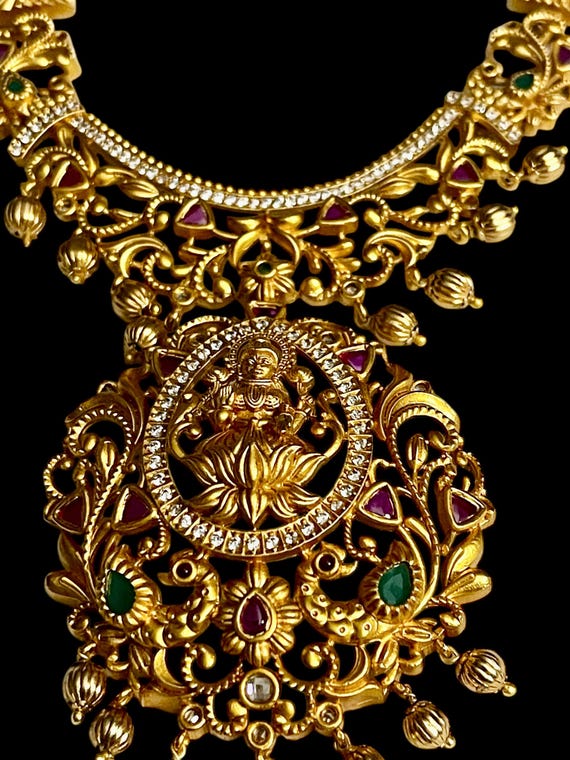 Vintage Gold-Plated Lakshmi Haram Necklace-Intricate Detailed Work and Rhinestones-Luxurious Styling-Bridal Tradition View 5