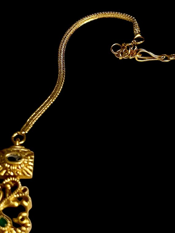 Vintage Gold-Plated Lakshmi Haram Necklace-Intricate Detailed Work and Rhinestones-Luxurious Styling-Bridal Tradition View 6