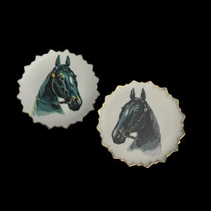 Vintage Set of Two Decorative Bridled Horse Head Plates-Scalloped Gold Edge-Made in Korea-Wall Deco -Equestrian Lover-Farmhouse Decor-1950&#39;s