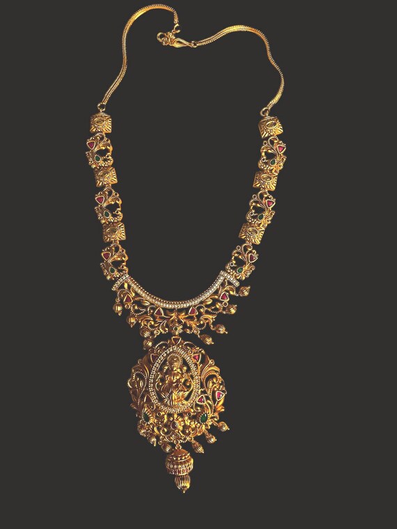Vintage Gold-Plated Lakshmi Haram Necklace-Intricate Detailed Work and Rhinestones-Luxurious Styling-Bridal Tradition View 3
