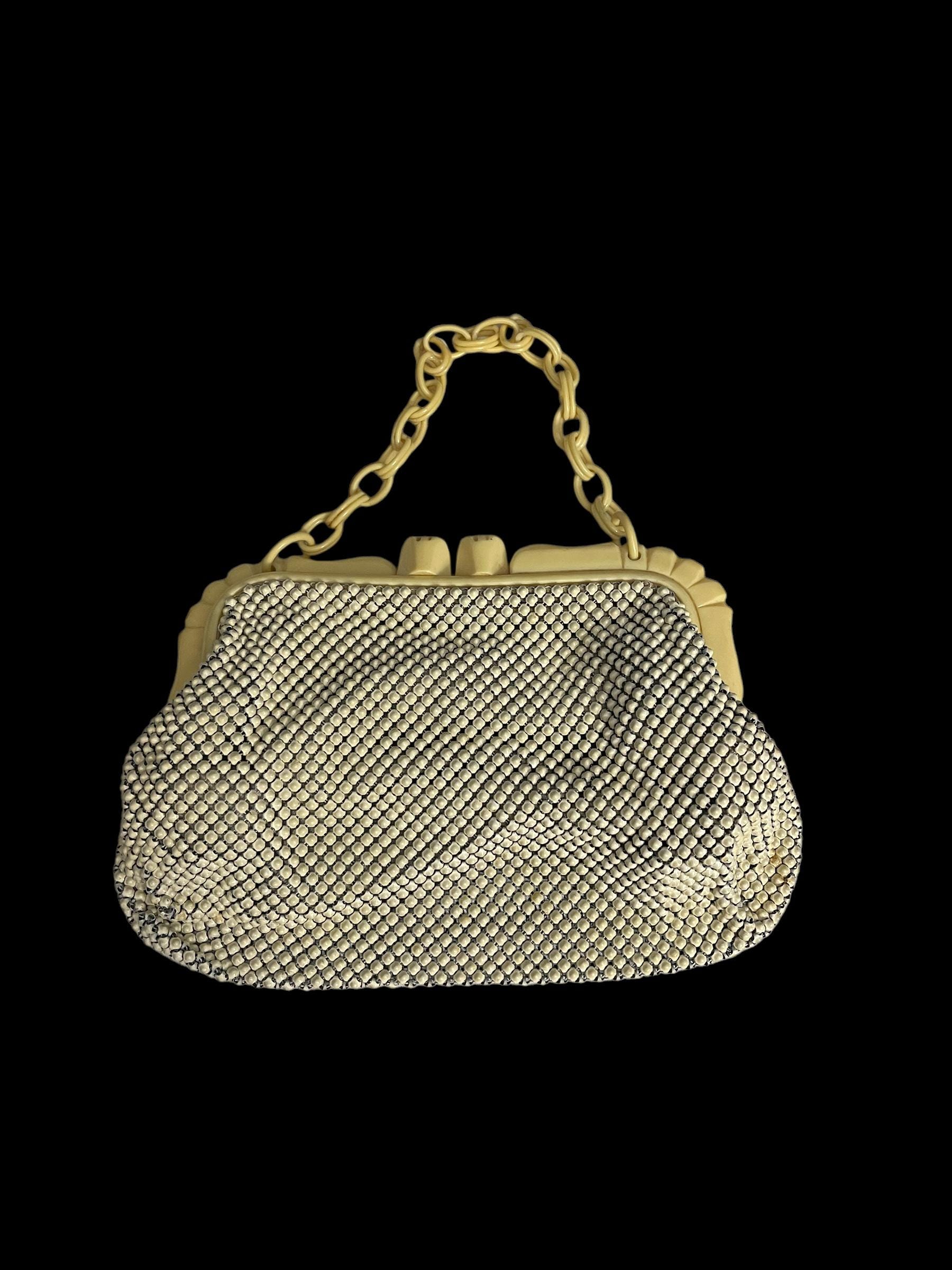 Vintage Whiting & Davis Ivory Alumesh Handbag with Bakelite Clasp and Chain Handle- 1930-40's