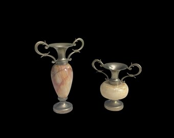 Vintage Set of Two Italian Onyx Amphora Small Bud Vases or Candleholders-Ornate Scrolled Metal Double Handles & Base- BOHO-Eclectic-1990&#39;s