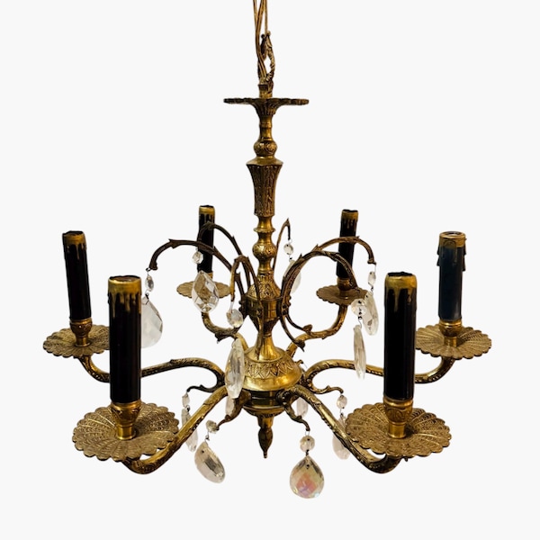 Vintage French Empire Style Six-Light Brass Chandelier-Hanging Crystal Prisms-Modern Wiring-Ornate Classical Style-Faux Candle Covers-1960's