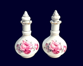 Vintage 1950's Set of Two Porcelain Perfume Bottles-Vanity Scent Decanters-Hand-Painted Pink Rose Floral Design-Japan