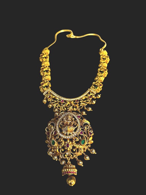 Vintage Gold-Plated Lakshmi Haram Necklace-Intricate Detailed Work and Rhinestones-Luxurious Styling-Bridal Tradition View 2