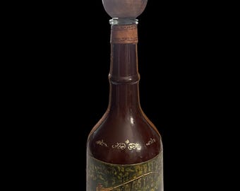 Vintage Italian Decanter-Leather Accents-Vintage Fishing Scene-Wooden Stopper-Beautiful Nature Themed Barware-1960-70&#39;s