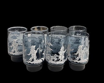 Vintage Set of Seven Smokey Blue & White Mary Gregory Designed Glassware-Footed Tumbler Style-Hand Painted Boy Girl Dog-Libbey Glass-1970&#39;s
